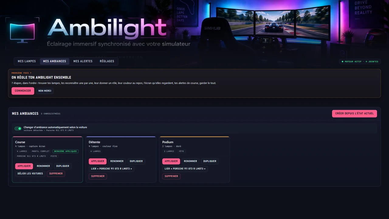 La page Ambilight : le guide de réglage en sept étapes et trois ambiances enregistrées, avec le changement automatique selon la voiture