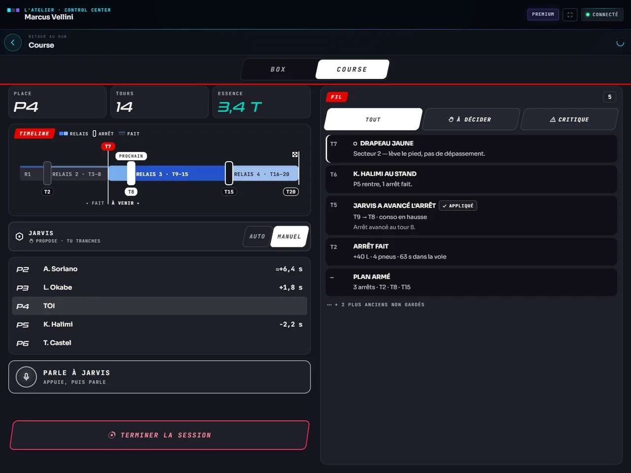 Sur la tablette, la page Course : la place, les tours, l’essence, la timeline des relais, les écarts avec les rivaux et le fil de course