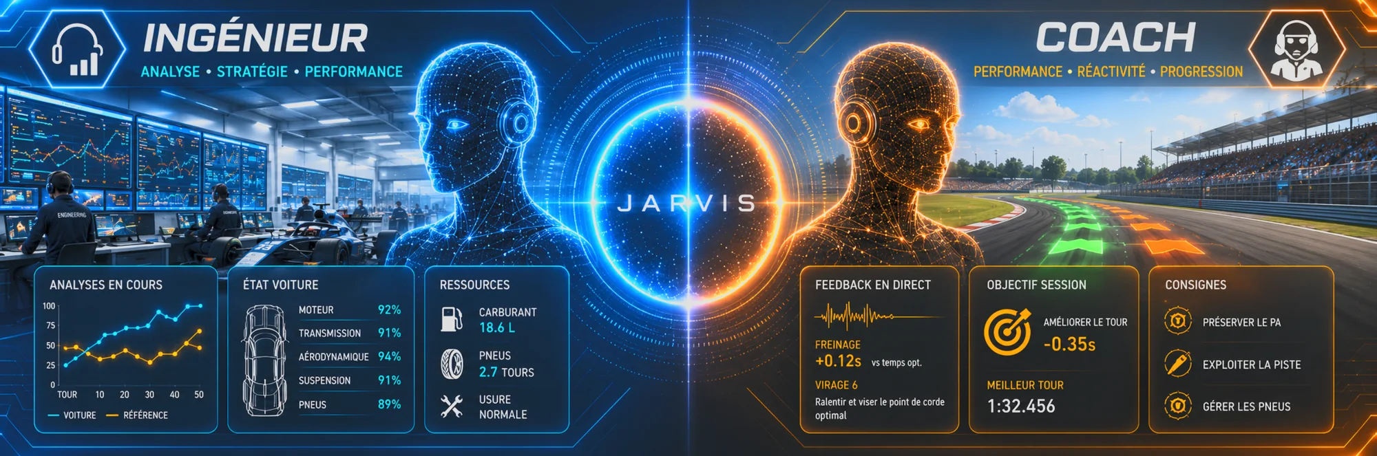 JARVIS dans le Control Center : l'ingénieur (analyse, stratégie, performance) et le coach (performance, réactivité, progression)
